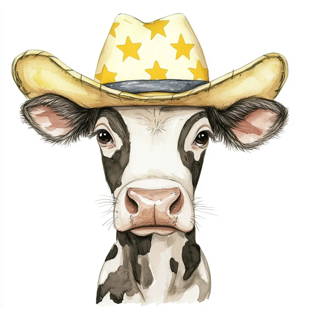 A watercolor painting of a cow's head and shoulders.  The cow is predominantly black and white, with a gentle expression. It's wearing a light yellow cowboy hat adorned with yellow stars. The style is whimsical and charming, perfect for children's illustrations or decor.  The background is plain white, focusing attention on the adorable cow.
