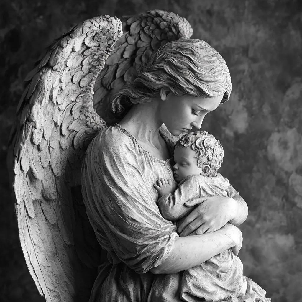 A black and white statue depicts a serene angel with large wings gently cradling a sleeping infant.  The angel's expression is one of tender love and protection. The detail in the stonework is exquisite, highlighting the soft folds of the angel's garment and the child's peaceful slumber. The overall mood is peaceful and comforting.