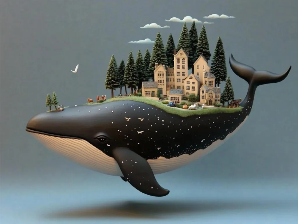 A whimsical illustration depicts a colossal whale, its back serving as a miniature landscape.  A charming village nestled amongst evergreen trees sits atop the whale's back, complete with houses, a road, and tiny figures.  A solitary bird flies overhead, adding to the dreamlike quality of this fantastical scene. The whale's dark body is speckled with white stars, contrasting against the light-colored village.