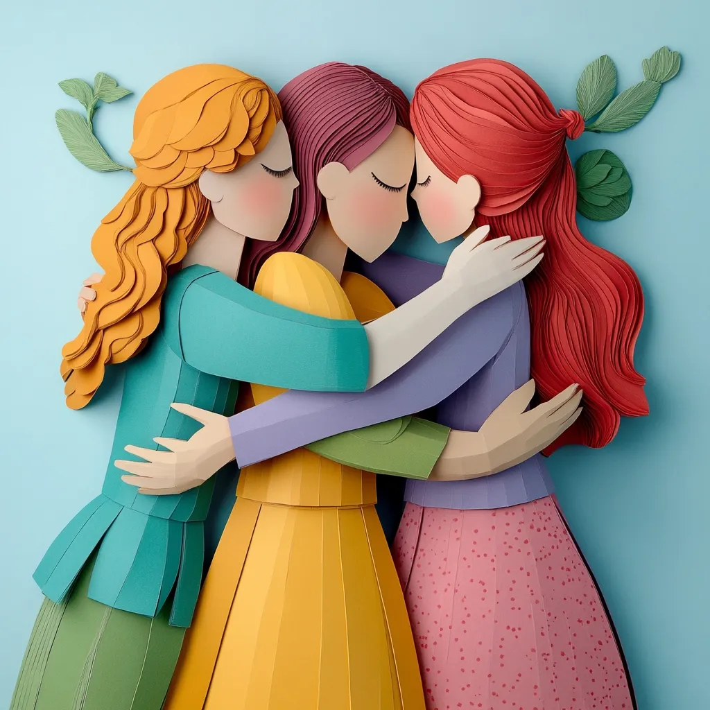 Three women with vibrant, wavy hair in shades of orange, pink, and red, embrace in a tight hug.  Their paper-crafted forms are elegantly detailed, with pleated skirts and textured hair. The women are positioned in a circle, their heads gently touching, conveying a sense of closeness and mutual support.  Delicate paper leaves add a gentle touch to the background.  The artwork is a beautiful representation of female friendship and solidarity.