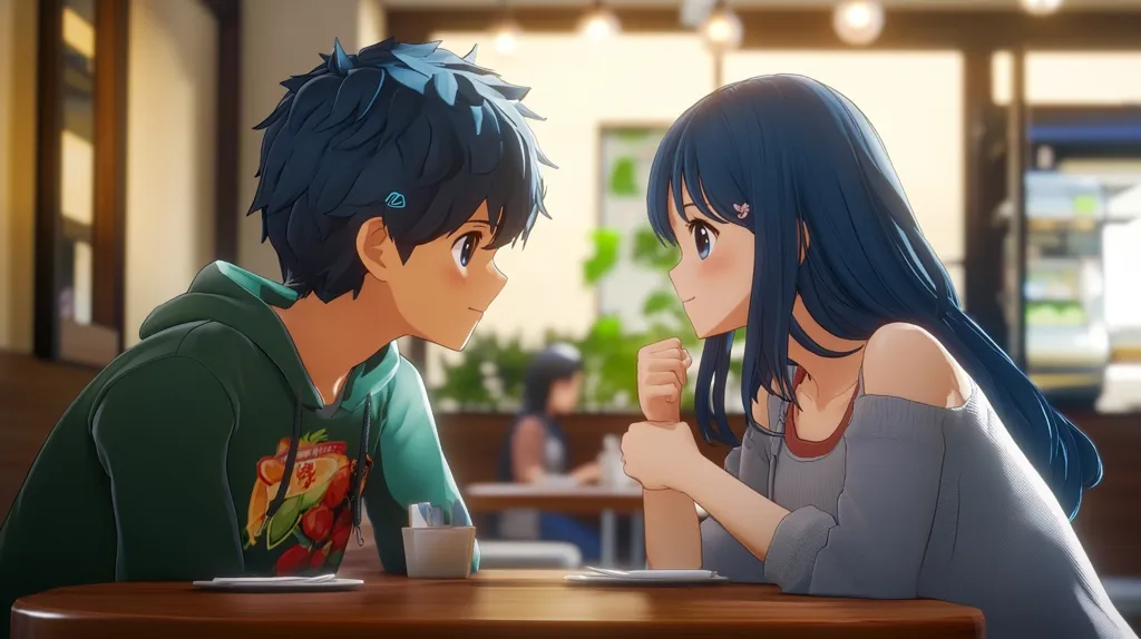 A young anime couple sits at a cafe table, gazing lovingly into each other's eyes.  The boy wears a green hoodie with a colorful fruit design, while the girl sports a light gray, off-the-shoulder sweater.  Their hands are clasped together, showcasing a tender moment. The background is softly blurred, highlighting a warm, inviting cafe atmosphere.