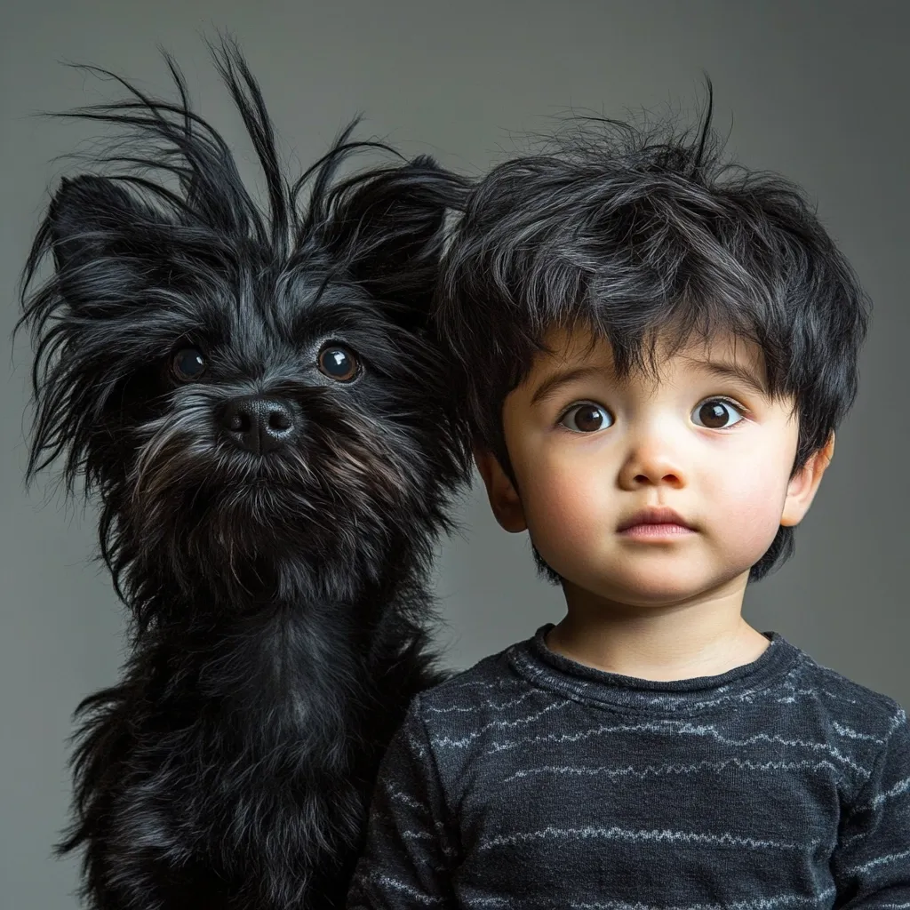 A portrait of a toddler and a small, black, shaggy dog.  The child, with dark hair, has large, expressive eyes and a serious expression.  The dog stands beside him, its fur similarly dark and tousled. Both subject are positioned against a neutral gray background. The image creates a sense of companionship and quiet contemplation.