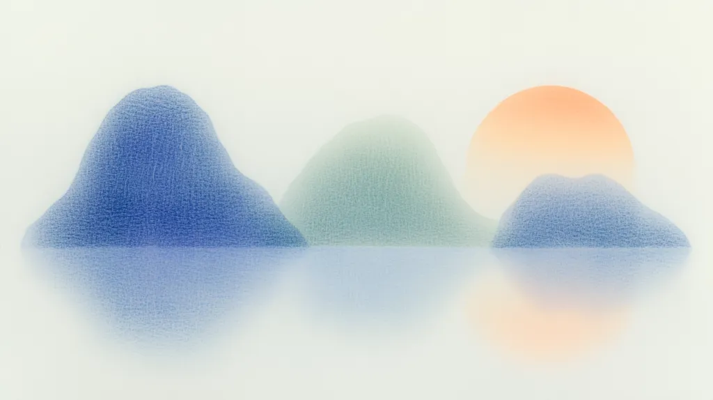 A serene landscape painting depicts three softly textured mountains in shades of blue and green, reflected in calm water.  A large, peach-toned sun dominates the right side, creating a peaceful, minimalist scene.  The colors are muted and blended, conveying a sense of tranquility and atmospheric perspective. The overall style is reminiscent of impressionism or East Asian landscape art.
