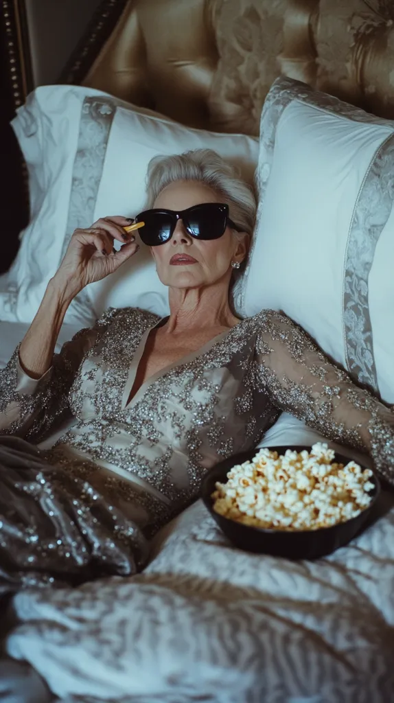 An elegant older woman with silver hair reclines on a luxurious bed, wearing a shimmering silver gown and sunglasses. She holds a small object, possibly a cigarette, and a bowl of popcorn sits beside her. The scene is dimly lit, creating a glamorous and sophisticated atmosphere.  The setting suggests comfort and indulgence.