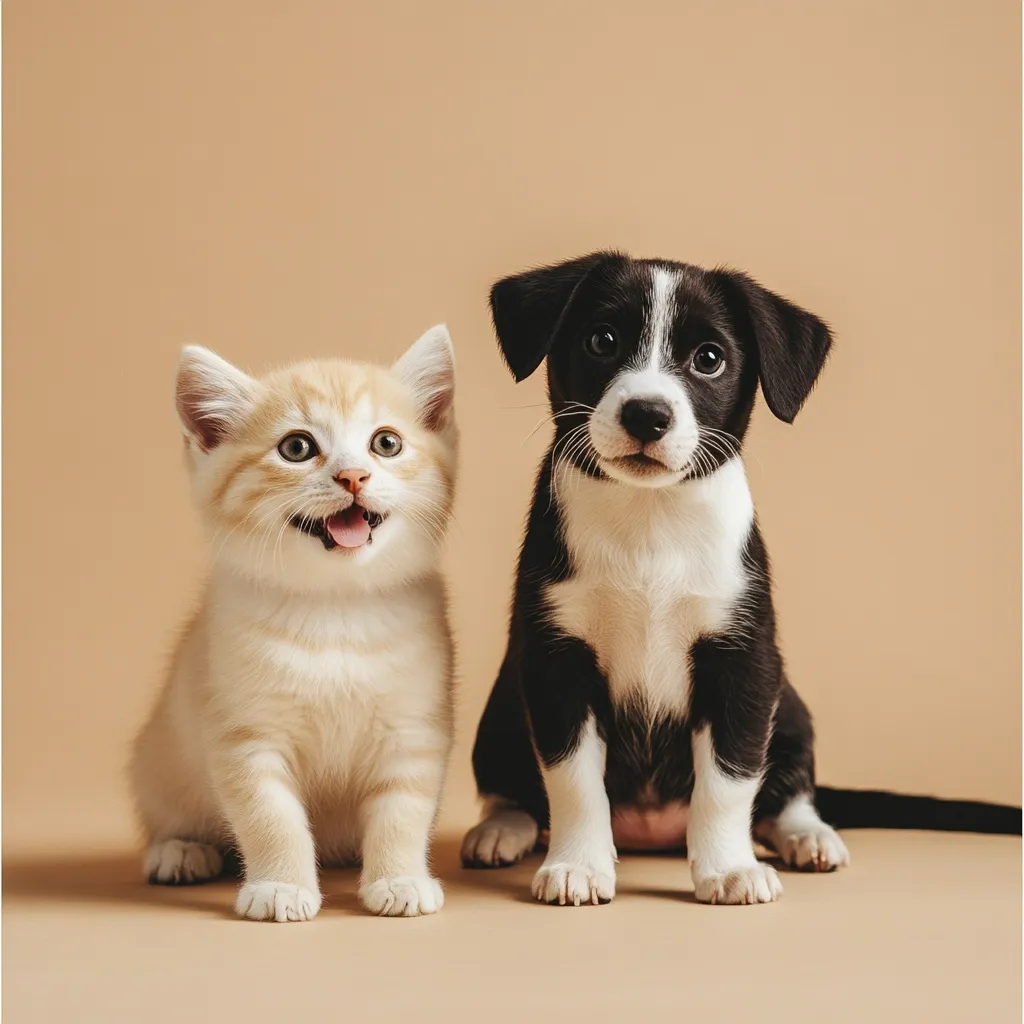 A fluffy cream-colored kitten sits beside a black and white puppy against a muted beige background.  Both animals are facing the camera, appearing friendly and playful. The kitten's mouth is slightly open, revealing a pink tongue. The puppy is a small, short-haired breed with striking markings.  The image is a charming portrayal of interspecies companionship.