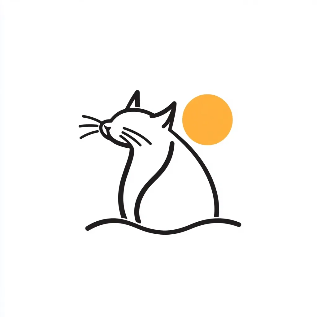 A minimalist line drawing depicts a cat sitting serenely, its gaze directed towards a small, bright yellow sun. The cat's outline is simple yet expressive, with delicate whiskers adding detail.  The scene suggests a peaceful, warm setting, possibly a sunset or sunrise. The overall style is clean and modern.