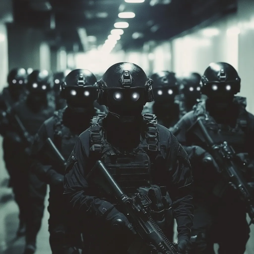 A line of soldiers in futuristic black tactical gear and helmets with glowing lights marches down a dimly lit corridor.  Their faces are obscured by masks, creating an anonymous and ominous atmosphere.  Each soldier carries a rifle, suggesting a highly disciplined and potentially menacing force. The image evokes a sense of military precision and technological advancement.