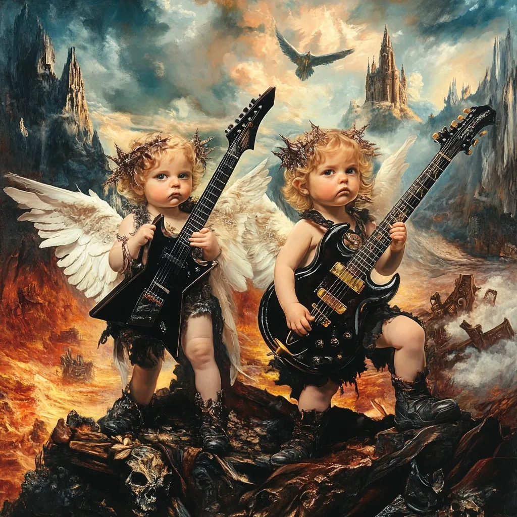 Two cherubic toddlers, adorned with wings and crowns, fiercely wield electric guitars amidst a fiery, apocalyptic landscape.  A gothic castle looms in the background, while a bird of prey soars overhead. The scene is dramatic and fantastical, juxtaposing innocence with destruction, creating a powerful visual narrative.  The toddlers' expressions are serious, adding to the image's compelling contrast.