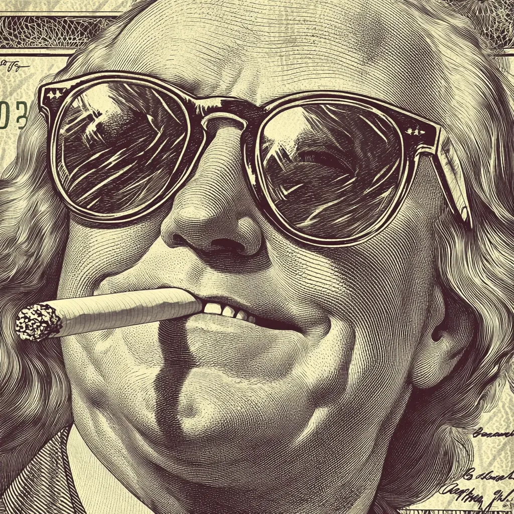 A stylized close-up illustration of Benjamin Franklin's face from a US one hundred dollar bill.  He's depicted wearing sunglasses and holding a cigar, giving a smirk.  The image is rendered in a monochrome style, mimicking the look of an engraved print, creating a cool, slightly rebellious portrayal of the Founding Father.