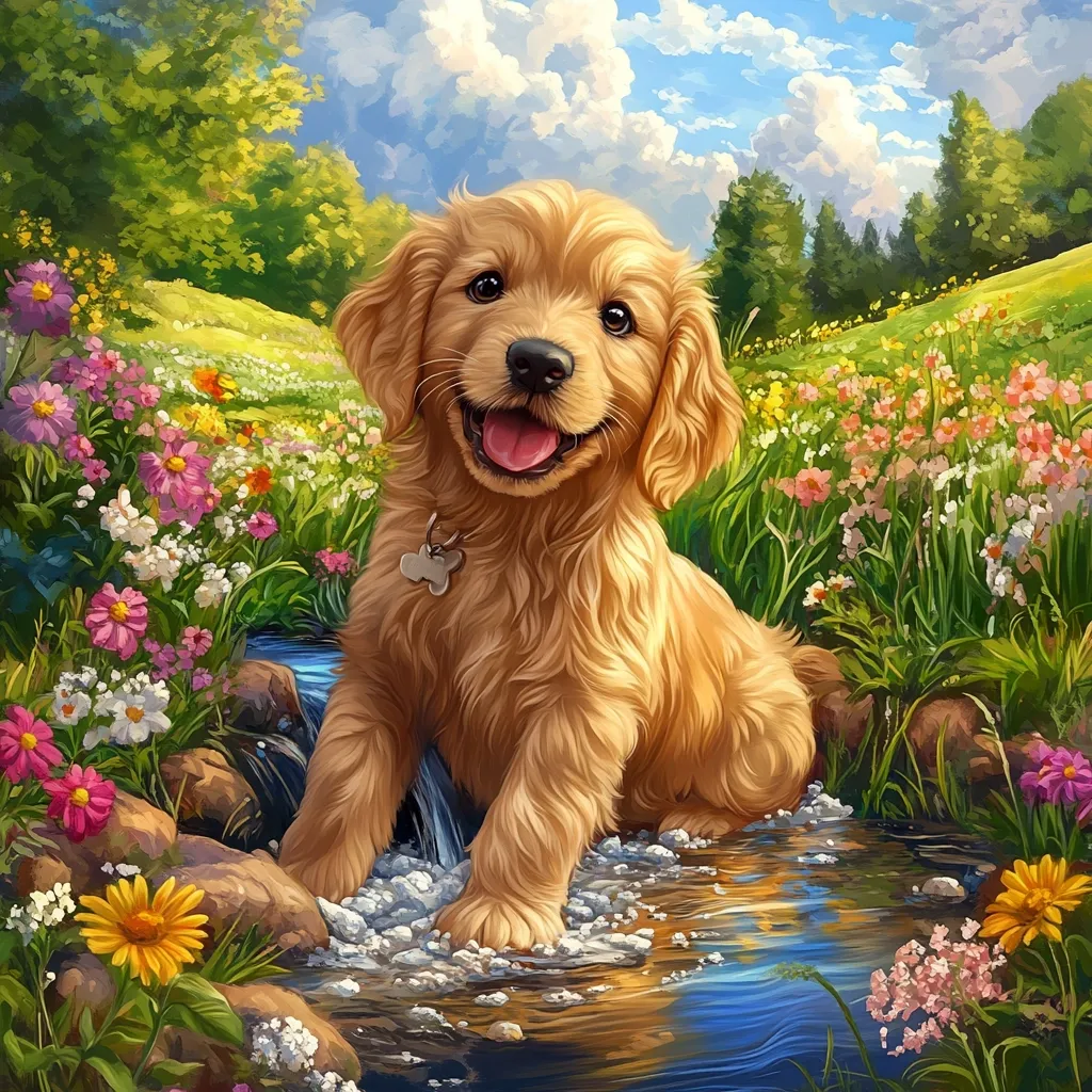 An adorable golden retriever puppy sits happily by a small stream in a vibrant meadow.  Wildflowers of pink, yellow, and white bloom all around. The puppy, wearing a small tag, looks directly at the viewer with a joyful expression.  Sunlight streams down, illuminating the scene with a warm, idyllic glow. The overall impression is one of carefree joy and the beauty of nature.