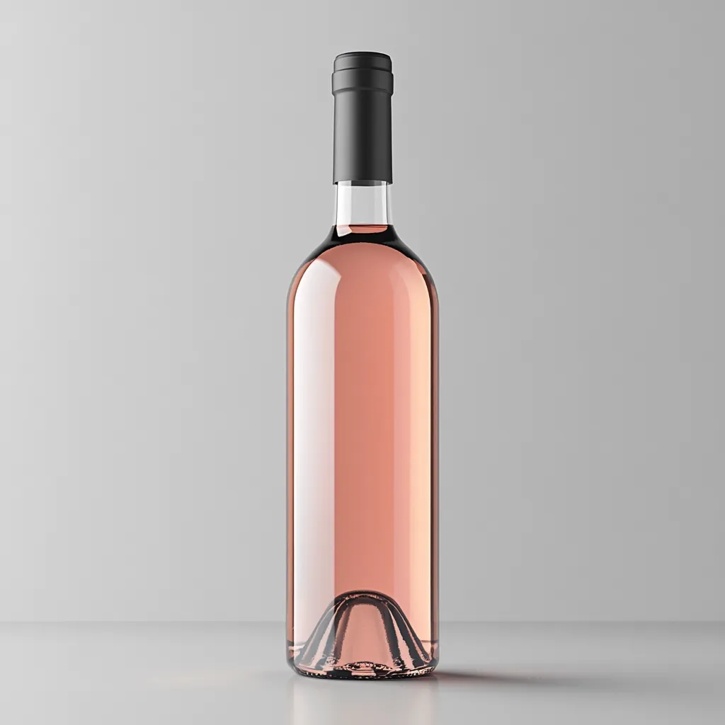 A single bottle of rosé wine stands against a plain white background.  The bottle is clear glass, showcasing the pale pink hue of the wine. It features a simple, black cap. The image is clean and minimalist, ideal for showcasing the product or for use as a mock-up.  The bottle's shape is standard, and the lighting emphasizes the wine's color.