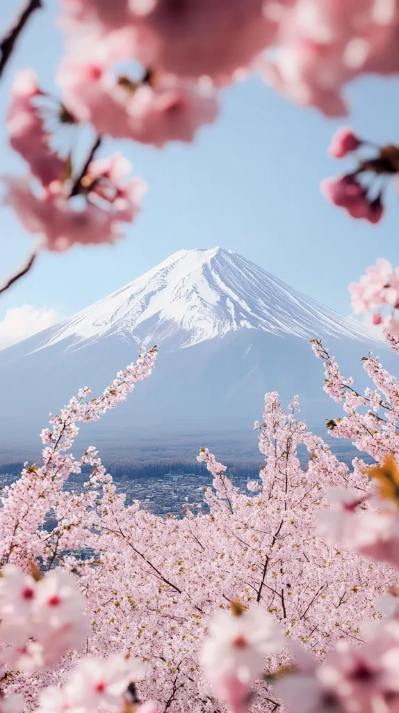 A breathtaking view of Mount Fuji, its snow-capped peak rising majestically in the background.  In the foreground, delicate pink cherry blossoms bloom profusely, creating a stunning contrast against the mountain and a soft, light blue sky.  The scene evokes a sense of serene beauty and the ephemeral nature of springtime in Japan.