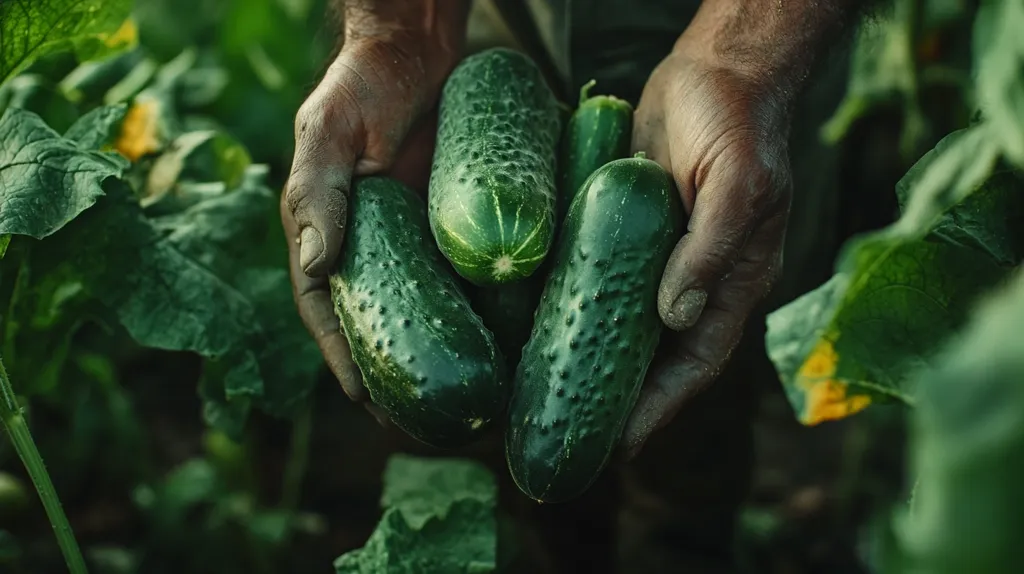 A farmer's calloused hands gently cradle a handful of freshly picked cucumbers.  The vibrant green vegetables glisten, contrasting beautifully with the earthy tones of the hands and the lush green foliage surrounding them.  The image evokes a sense of connection to the land and the simple bounty of harvest.