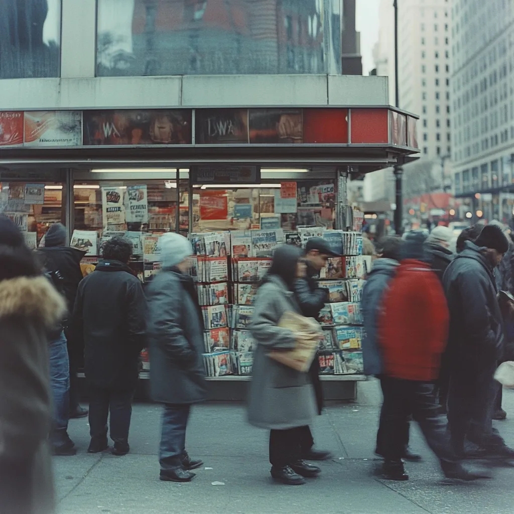 A bustling city street scene centers on a newsstand overflowing with magazines and newspapers.  People, bundled in winter coats, hurry past, some pausing to browse. The blurred motion suggests a busy urban environment. The newsstand, with its vibrant red accents, is a focal point against the backdrop of tall city buildings.  The overall atmosphere is one of cold, urban activity.