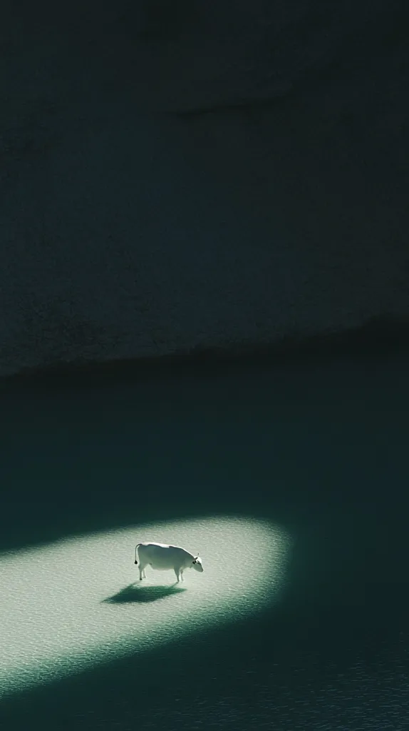 A solitary white cow stands in a pool of sunlight on a dark, still body of water.  The cow is centrally positioned, illuminated against the deep teal-green water and shadowed background.  The scene is serene and minimalist, emphasizing the contrast between the bright cow and the surrounding darkness.  The water appears calm and reflective.
