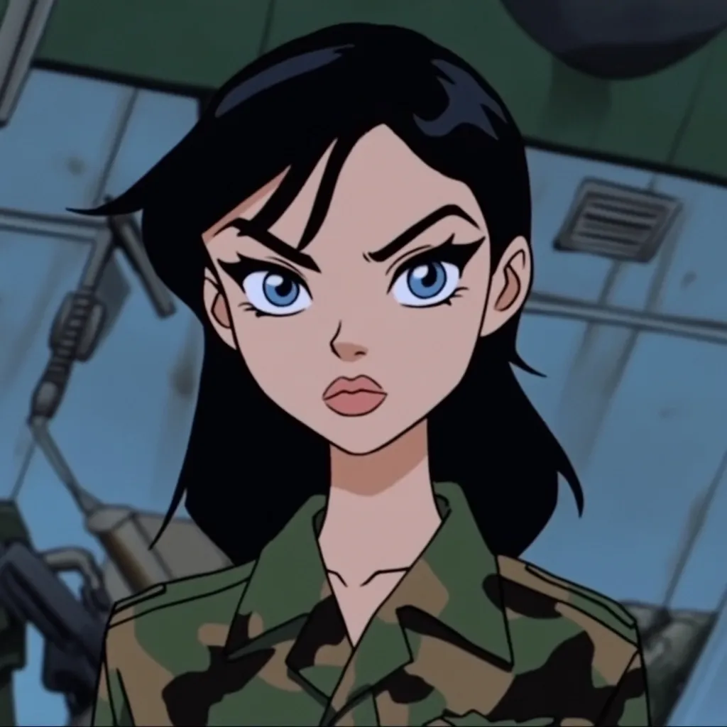 Close-up of a stylized anime-style female character.  She has dark, shoulder-length hair, large blue eyes, and a serious expression.  She's wearing a camouflage military-style jacket, suggesting a strong or possibly rebellious personality. The background hints at a military or industrial setting. The art style is bold and graphic, with sharp lines and defined features.