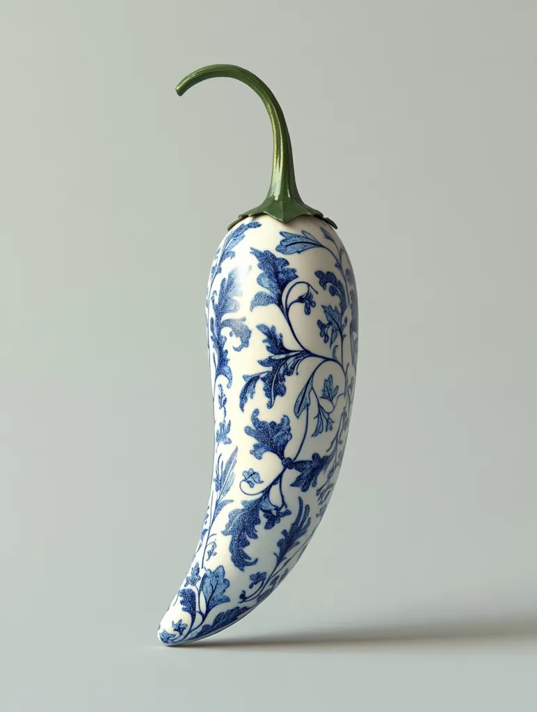 A chili pepper-shaped object is depicted, its surface adorned with a blue and white floral design reminiscent of porcelain.  The stem is a contrasting green. The piece is presented against a light grey background, highlighting its unique artistic combination of form and pattern. The image suggests a decorative or artistic object rather than a culinary one.