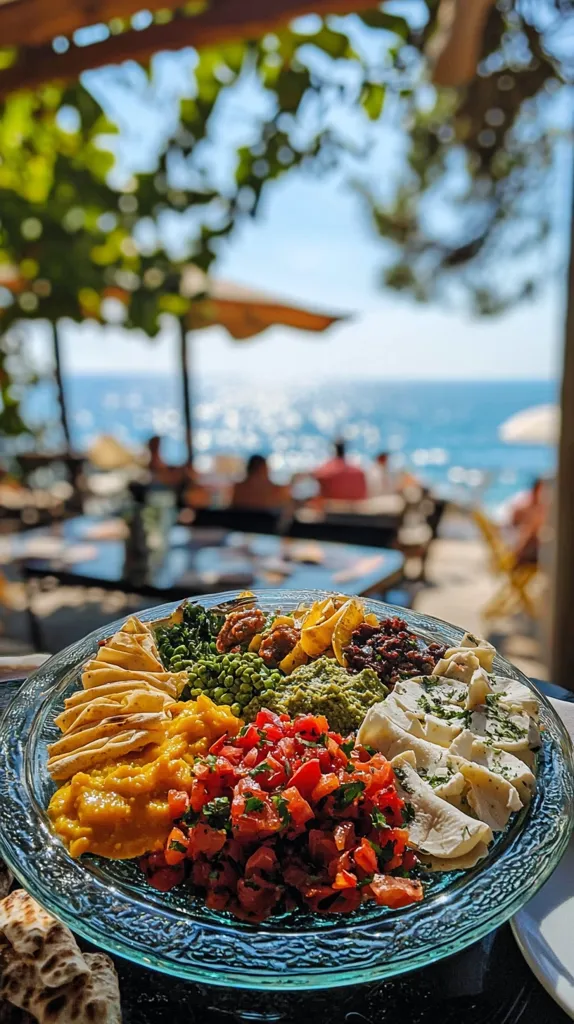 A vibrant platter of Mediterranean dips and spreads is showcased.  The array includes hummus, pico de gallo,  yellow squash purée,  and various other colorful components.  Crispy flatbreads surround the dips. The scene is set outdoors, with a blurred background of a sunny seaside restaurant and azure water.  The overall impression is one of fresh, healthy, and delicious food in a relaxing coastal setting.