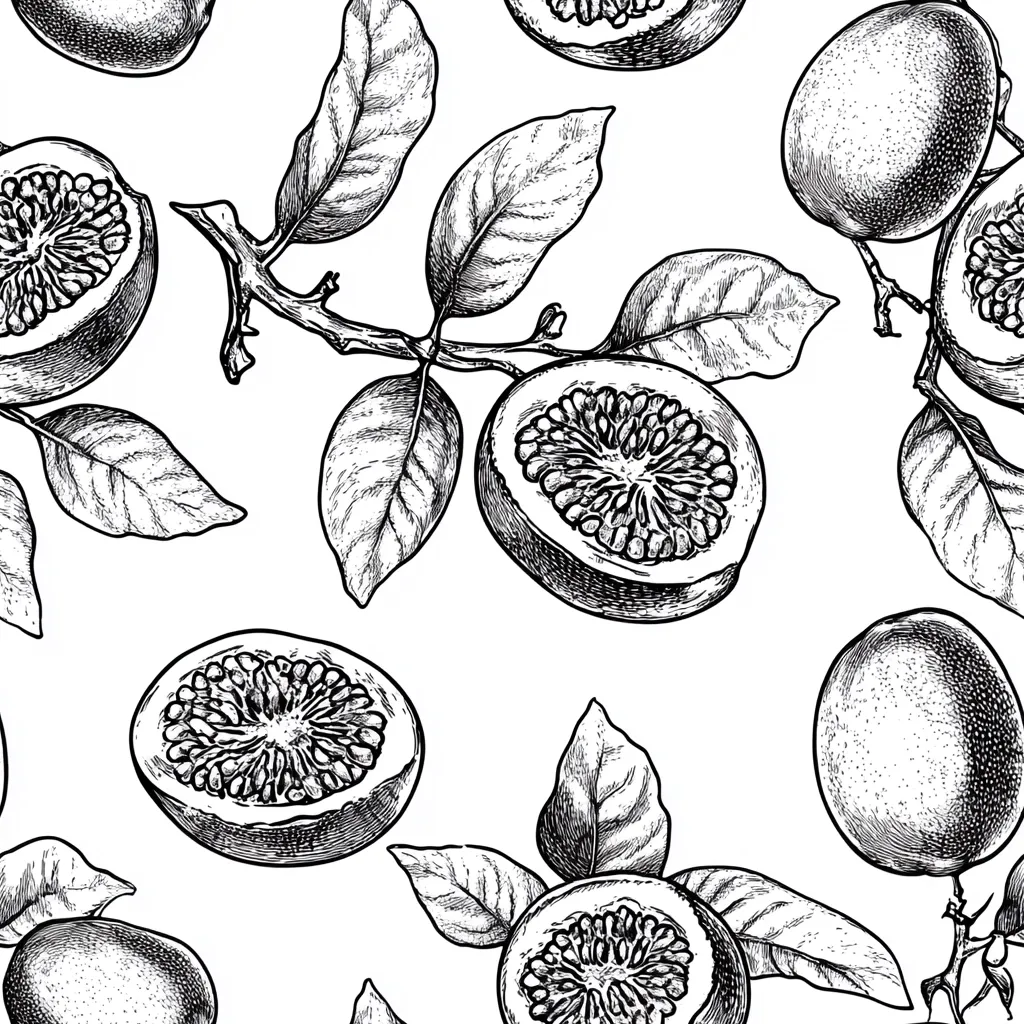 A seamless pattern showcases hand-drawn pomelos.  Whole pomelos and halved pomelos, revealing their segmented interiors, are depicted with detailed ink illustrations.  The pomelos are intricately rendered, showing texture and detail, and are interspersed with realistically drawn leaves and branches, creating a botanical illustration style.  The black and white design is elegant and suitable for various applications.