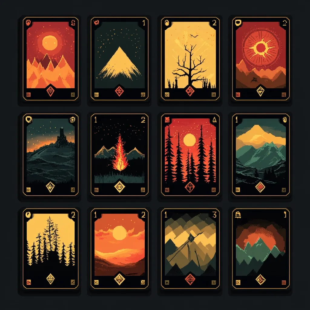 Twelve pixel art cards depict various landscapes.  Each card features a unique scene, including mountains, forests, a lone tree, a campfire, and a setting sun, all rendered in a retro 8-bit style with a dark, gold-trimmed border.  Numbered cards suggest a game or collectible element. The style evokes a sense of fantasy or adventure.