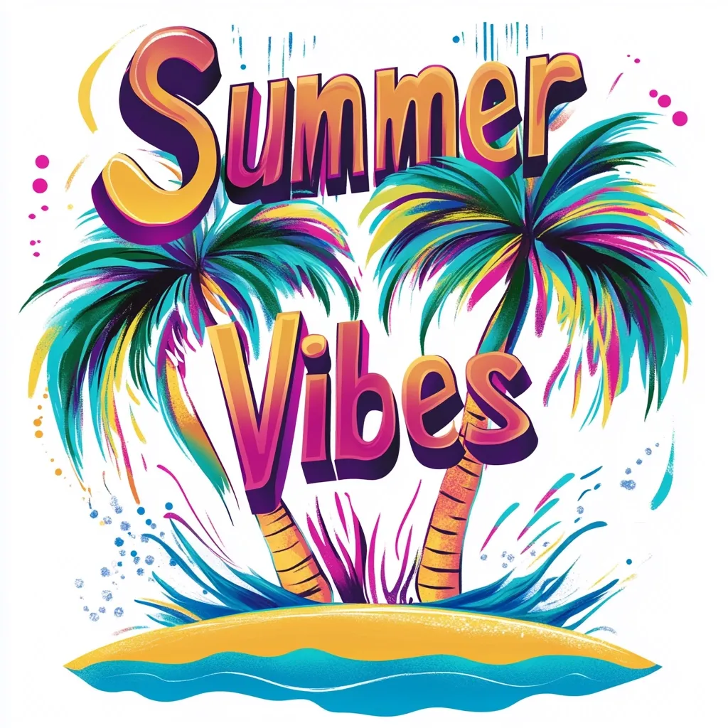 A vibrant illustration proclaims "Summer Vibes" in stylized, colorful lettering.  Two stylized palm trees, bursting with bright teal, purple, and yellow hues, flank the text, their fronds extending outward.  The scene is set on a small, sandy island surrounded by stylized, turquoise waves, adding to the tropical feel.  The overall effect is playful and energetic, perfectly capturing the essence of summer.