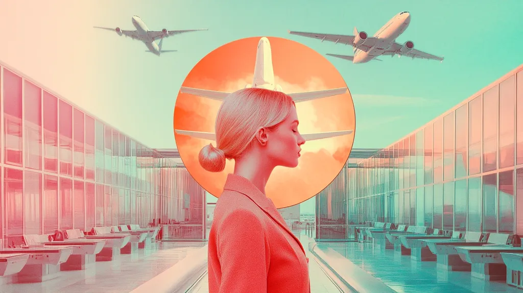 A stylized image depicts a blonde woman in profile, facing right, positioned before a large orange circle with a superimposed airplane.  Two additional airplanes fly above, one to the left and one to the right. The woman, wearing a coral blazer, stands in a modern airport setting with rows of check-in desks, creating a surreal, dreamlike atmosphere. The color palette is predominantly pastel pink and teal.