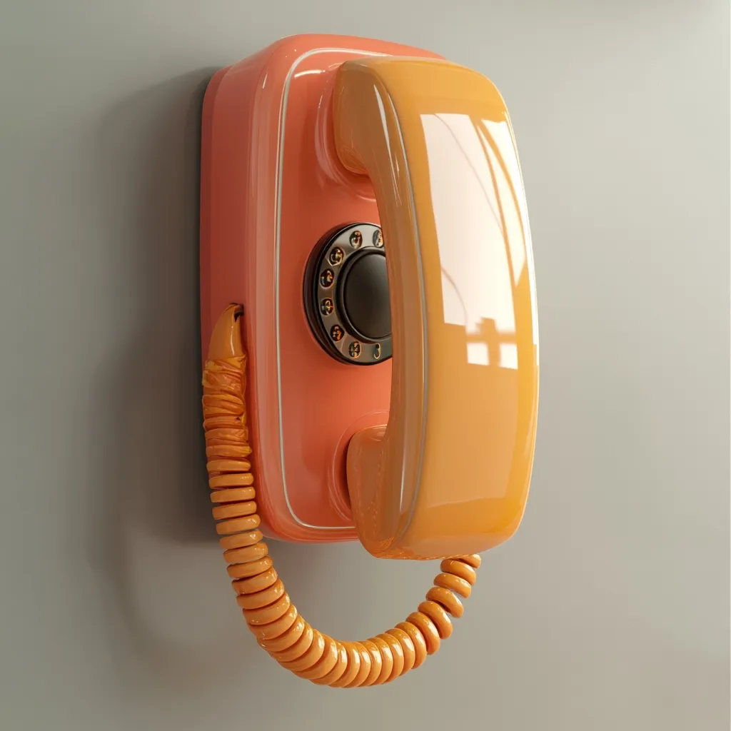 A retro-styled, coral and peach-colored rotary phone is mounted on a wall.  The phone's receiver is up, and a coiled cord hangs below.  The design is reminiscent of mid-20th-century telephones, with a glossy finish and a classic dial. The overall aesthetic is clean and minimalist, yet visually appealing due to its vibrant color scheme.