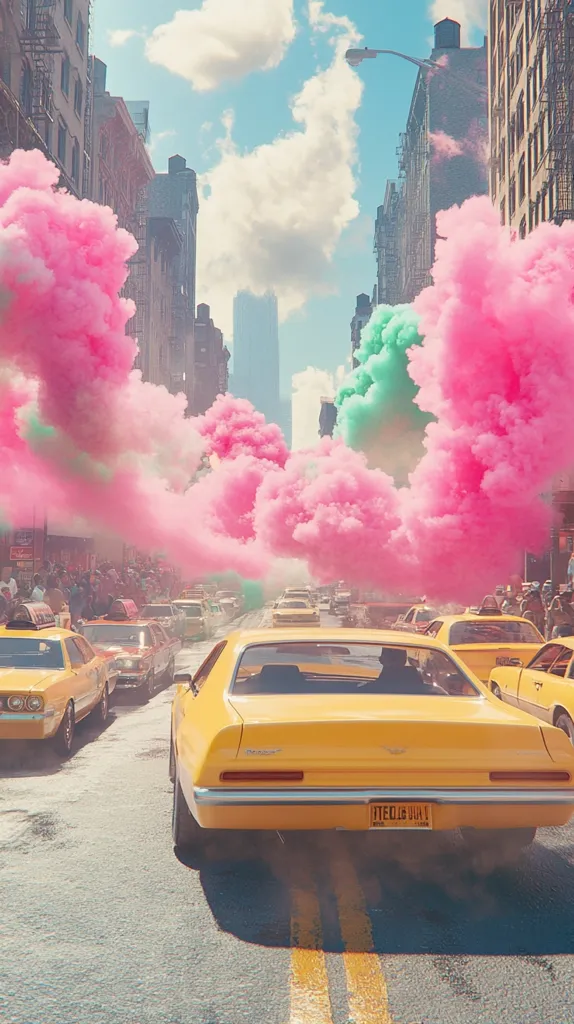 A vibrant city street scene is depicted, filled with bright pink and light green smoke billowing from the sides of the road.  Yellow cabs and other cars navigate through the smoke, creating a surreal and colorful atmosphere.  Tall buildings line the street, adding to the urban backdrop. The overall image is dreamlike and whimsical.