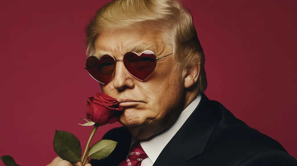 Donald Trump is depicted in a close-up shot against a deep red backdrop. He wears heart-shaped sunglasses and a dark suit.  A single red rose is held near his face, which he appears to be smelling. The overall image is stylized and somewhat unexpected, juxtaposing his serious expression with the romantic Valentine's Day-themed elements.