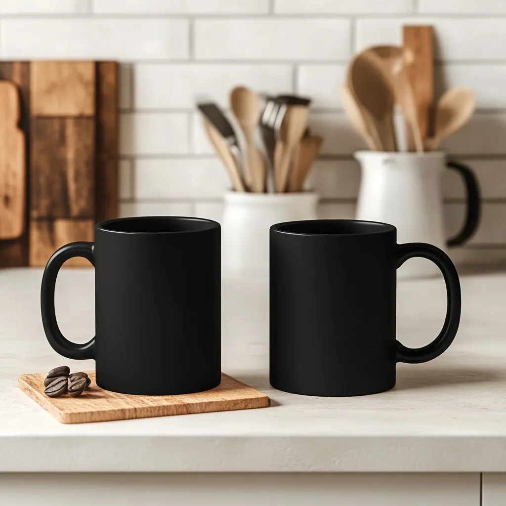 Two matte black coffee mugs sit on a wooden coaster on a kitchen counter.  A few coffee beans rest beside one mug.  The background is blurred but shows kitchen utensils in a crock and a wooden cutting board.  The overall aesthetic is minimalist and modern.