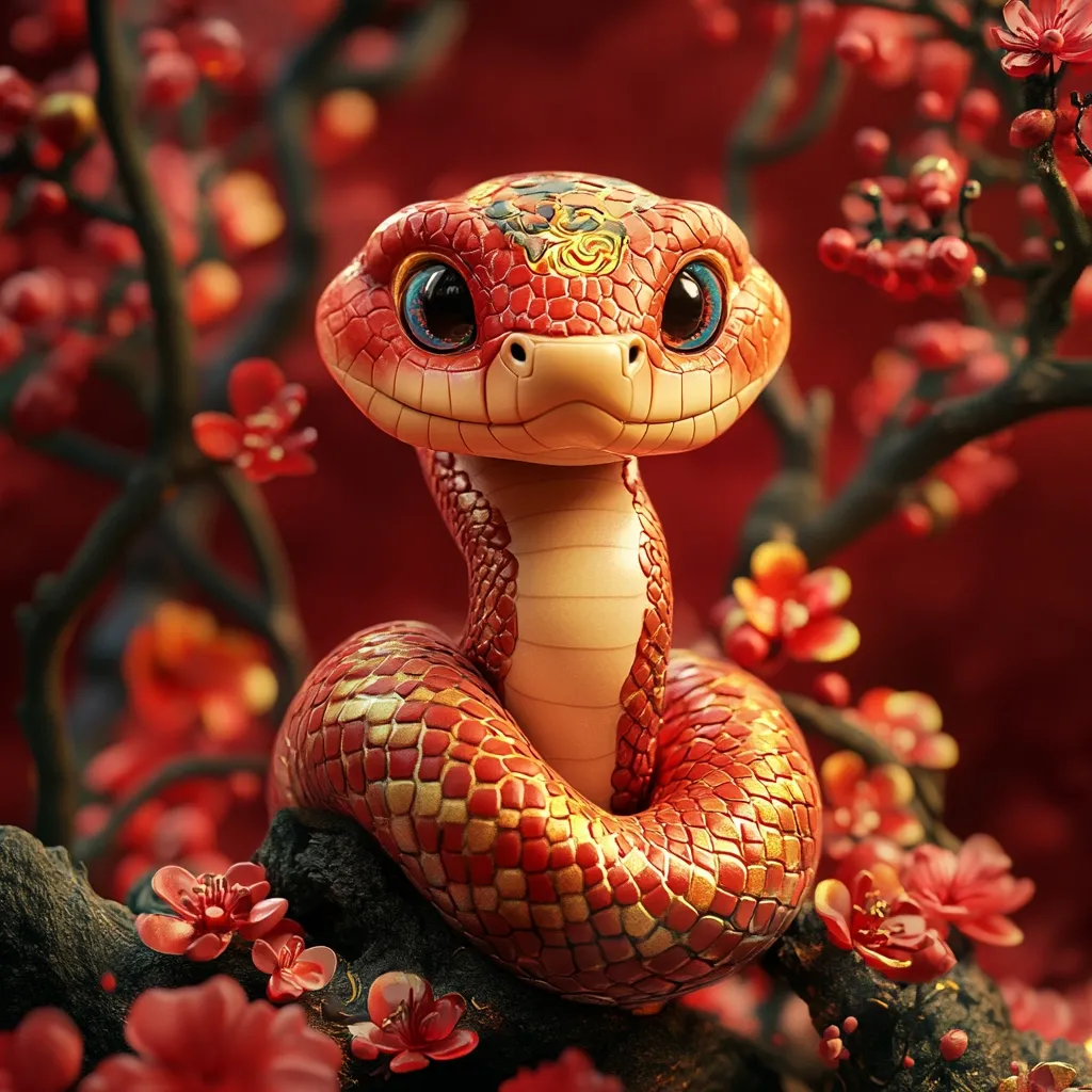 A charming, cartoonish red snake with large, expressive eyes sits nestled amongst blossoming red flowers.  The snake's scales shimmer with gold highlights, and its body is curled in a gentle pose. The background is a rich, dark red, enhancing the vibrancy of the snake and the flowers.  The overall image is whimsical and evokes a sense of warmth and auspiciousness.