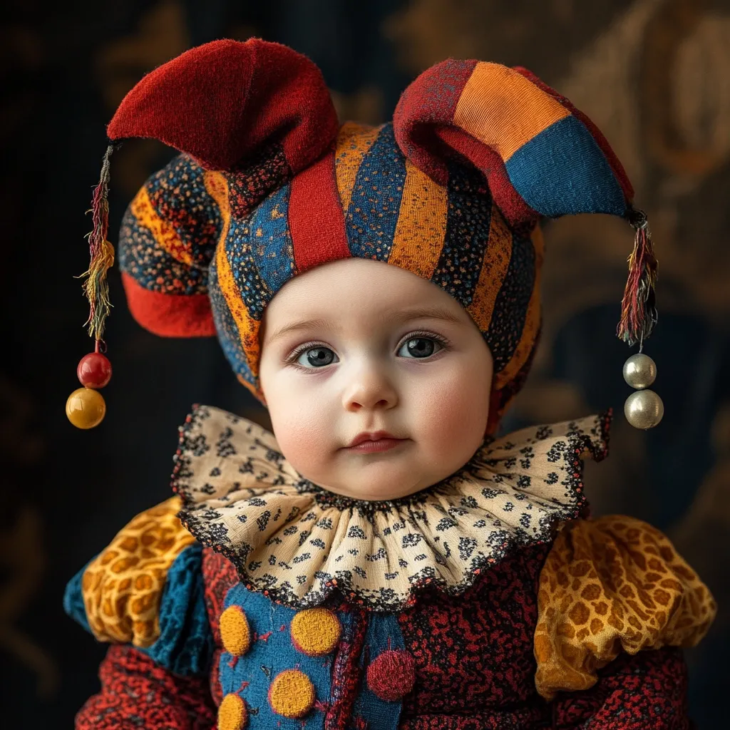 A charming baby is dressed in a vibrant, handcrafted jester costume.  The colorful hat features long, whimsical tassels, while the outfit boasts a ruffled collar and a patchwork design of reds, oranges, blues, and yellows. The baby's serious expression adds a touch of captivating contrast to the playful attire.  The dark background enhances the costume's bright hues and the baby's captivating gaze.