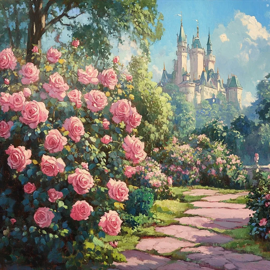 A stone path winds through a lush garden bursting with pink roses, leading the eye towards a majestic fairytale castle in the distance.  Sunlight bathes the scene, illuminating the vibrant blooms and the castle's intricate details. The overall impression is one of idyllic beauty and romantic charm.