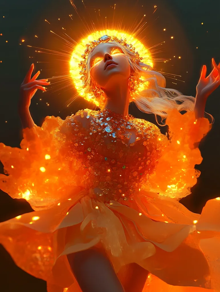 A radiant woman, adorned in a luminous orange gown, stands bathed in golden light.  A crown of sparkling energy encircles her head, emanating a fiery halo. Her eyes glow with an ethereal light, suggesting a celestial being or goddess. The overall effect is one of radiant energy and divine power.  Her pose and expression convey a sense of grace and serenity.