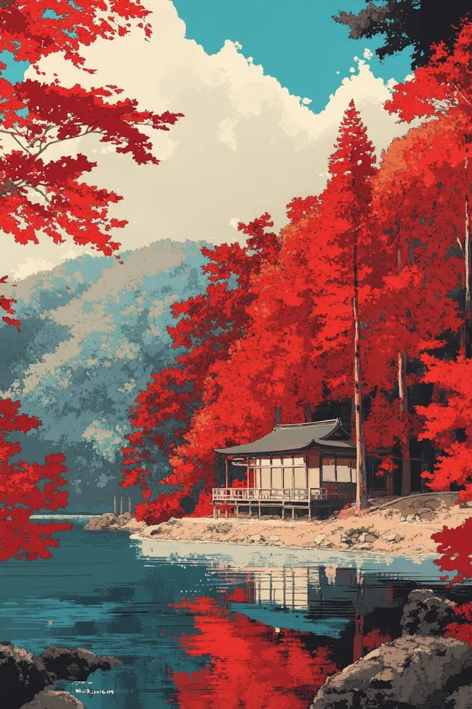 A serene Japanese-style painting depicts a tranquil lake reflecting vibrant red autumn foliage.  A traditional wooden house stands on the lakeshore, nestled amongst the fiery trees.  The sky is a soft blue with fluffy white clouds, enhancing the peaceful autumnal atmosphere. The scene is rendered in a stylized, almost painterly manner, with bold colors and defined lines.