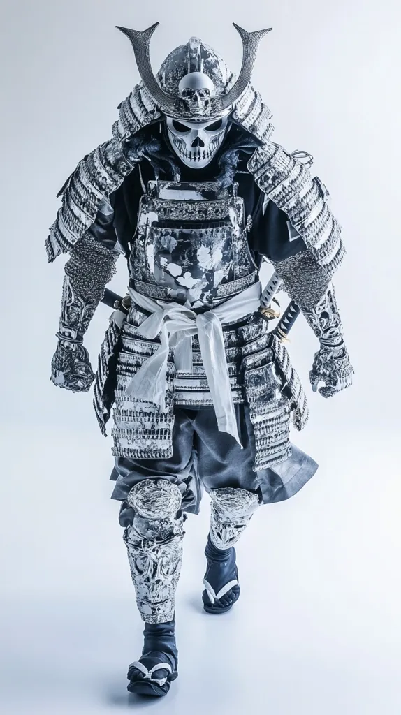 A samurai warrior, clad in ornate silver armor, strides forward.  The armor is intricately detailed, featuring skull motifs on the helmet and leg guards.  The samurai's mask is also a skull, adding to the ominous yet majestic aesthetic. The white obi contrasts with the dark undergarments and silver armor, creating a striking visual.  The image is sharply focused and presented against a minimalist white background.