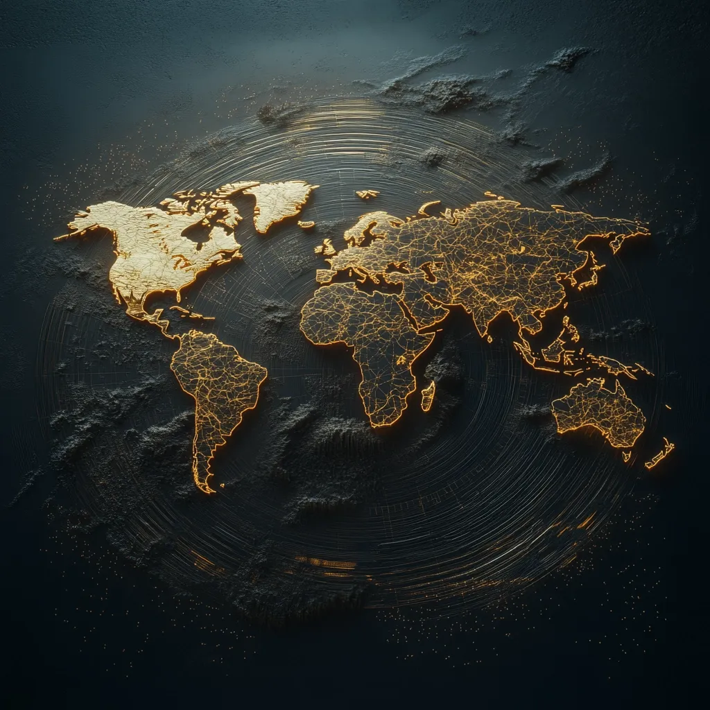 A stylized world map is depicted, rendered in a dark, textured style.  The continents are outlined in glowing gold lines, resembling a network of interconnected pathways.  The background is a deep, dark gray with concentric circular patterns emanating from the center, adding depth and a sense of global connection. The overall aesthetic is sophisticated and modern, suggesting themes of global networking or interconnectedness.