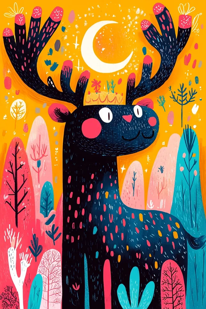 A whimsical illustration depicts a stylized deer, crowned with a crescent moon and adorned with a vibrant, floral headpiece.  Its dark blue-black body is speckled with bright pink and orange dots.  The background features a cheerful, fantastical landscape of colorful trees and hills against a warm, sunny yellow backdrop. The overall style is playful and expressive, using bold lines and saturated colors.