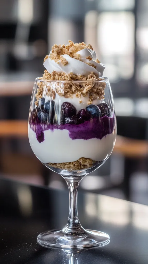 A delectable dessert is presented in a stemmed glass.  Layers of creamy yogurt, a vibrant blueberry compote, and a crunchy crumble topping are visible.  The dessert is topped with a dollop of whipped cream, also sprinkled with crumble. The glass sits on a dark, reflective surface with a blurred background suggesting a restaurant or cafe setting.