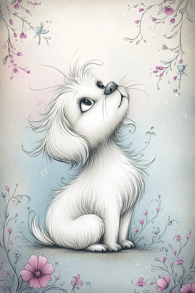 A whimsical illustration of a fluffy white dog sitting amidst delicate flowers and butterflies. The dog looks upward with large, expressive eyes, conveying a sense of wonder and innocence.  The soft pastel colors and detailed linework create a dreamy, ethereal atmosphere. The overall style is charming and evokes a feeling of gentle peace.