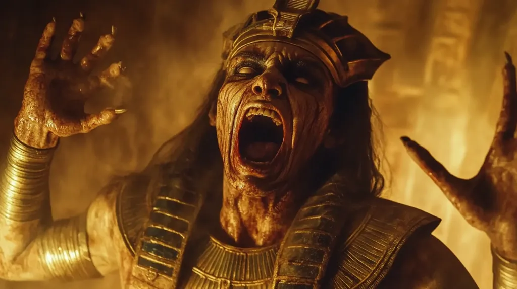 A gruesome image depicts a resurrected mummy, its decaying flesh exposed, wearing a golden pharaoh's headdress and armbands.  The creature's mouth is agape in a silent scream, its long, clawed fingers reaching out.  The background is a fiery orange, suggesting a tomb or hellish environment.  The overall tone is one of horror and ancient evil.