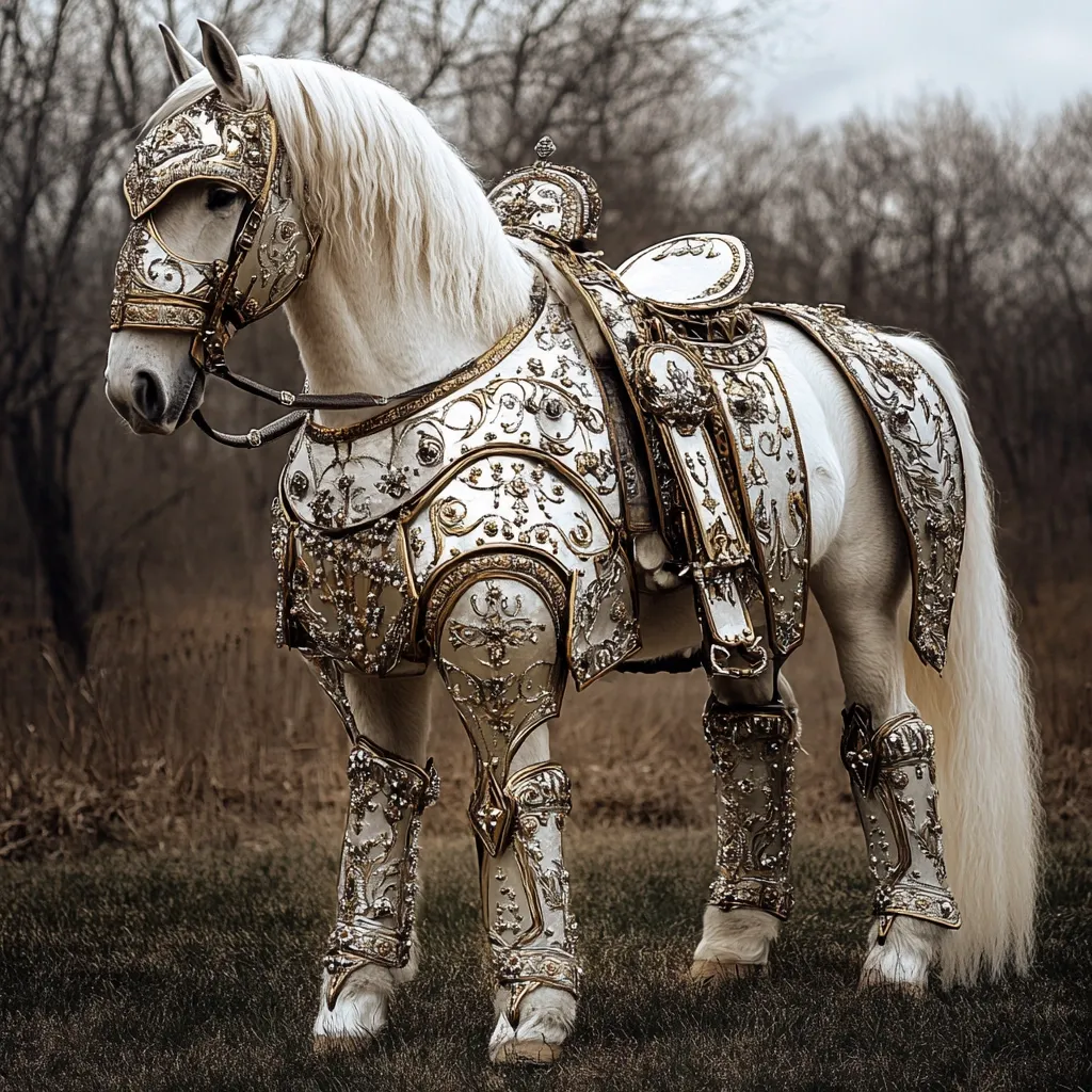 A majestic white horse stands elegantly in a field, adorned in exquisite, ornate silver and gold armor.  The intricate detailing on the horse's armor, saddle, and barding is breathtaking.  The setting appears to be a rural landscape with bare trees in the background, creating a striking contrast to the horse's gleaming attire.  The overall image evokes a sense of regal power and timeless beauty.