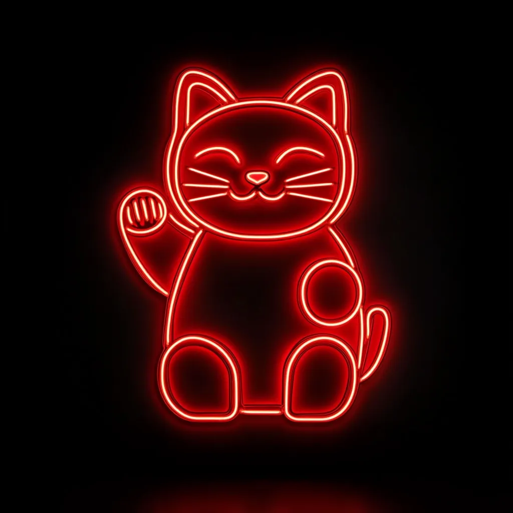 A vibrant red neon sign depicts a Maneki-neko, the beckoning cat.  The cat is depicted in a simplified, cute style, with its right paw raised in a welcoming gesture.  Its smiling face and round body are outlined in bright red, contrasting sharply against the black background. The neon glow creates a striking visual effect, ideal for a business or home decoration.