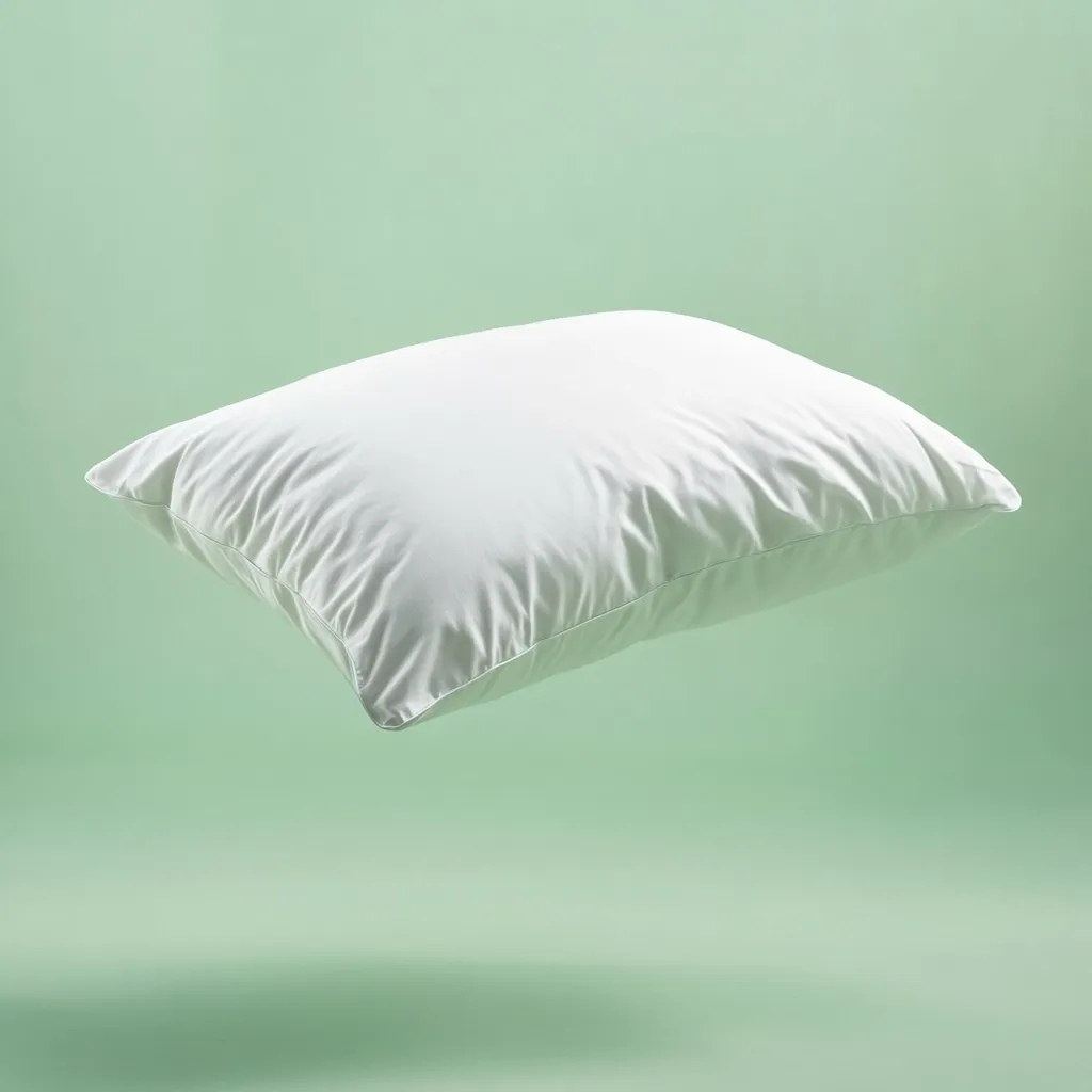 A pristine white pillow floats against a soft, mint green background.  The pillow is plump and appears to be made of a smooth, possibly down-filled material.  The image is clean and minimalist, showcasing the pillow's texture and form. The overall impression is one of comfort and serenity.