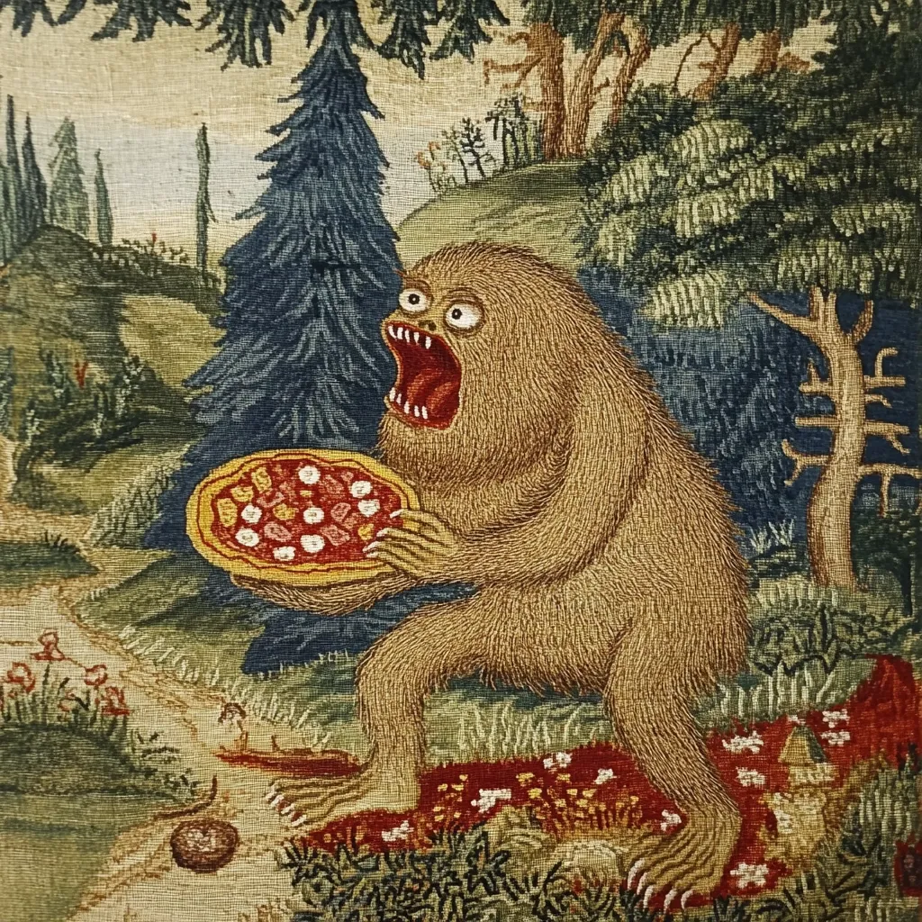 A tapestry depicts a furry, Bigfoot-like creature sitting outdoors in a whimsical forest scene.  The creature has a wide-open mouth, showcasing sharp teeth, and holds a large, delicious-looking pizza.  The surrounding landscape is detailed with trees, a winding path, and lush vegetation, creating a charming and slightly surreal tableau.  The artistic style resembles a medieval tapestry or embroidery.