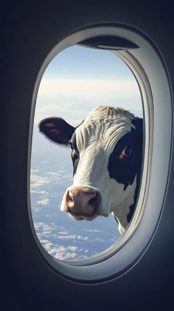 A black and white cow's face peers curiously from an airplane window.  The cow's nose is close to the glass, its large, expressive eyes looking out at the fluffy white clouds and blue sky below. The airplane interior is dark, creating a stark contrast with the bright outside view.  The scene is surreal and humorous.