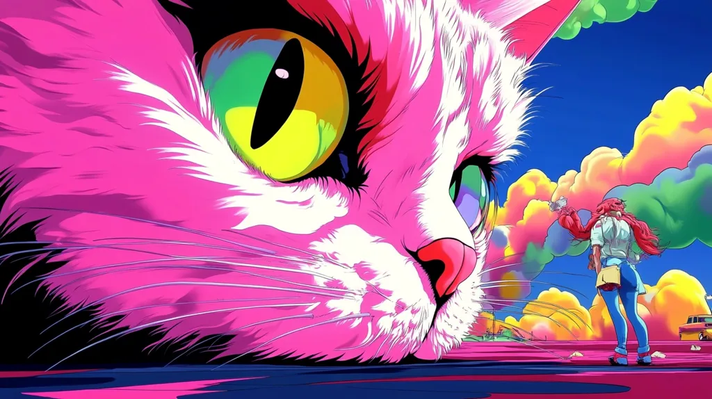 A vibrant, stylized illustration features a colossal pink cat dominating the foreground, its enormous, multicolored eye captivating.  A smaller figure, a red-haired woman, stands in the distance against a backdrop of psychedelically colored clouds and a hint of a landscape. The overall style is reminiscent of anime or graphic novel art, emphasizing bold colors and lines.  The scene is surreal and dreamlike.