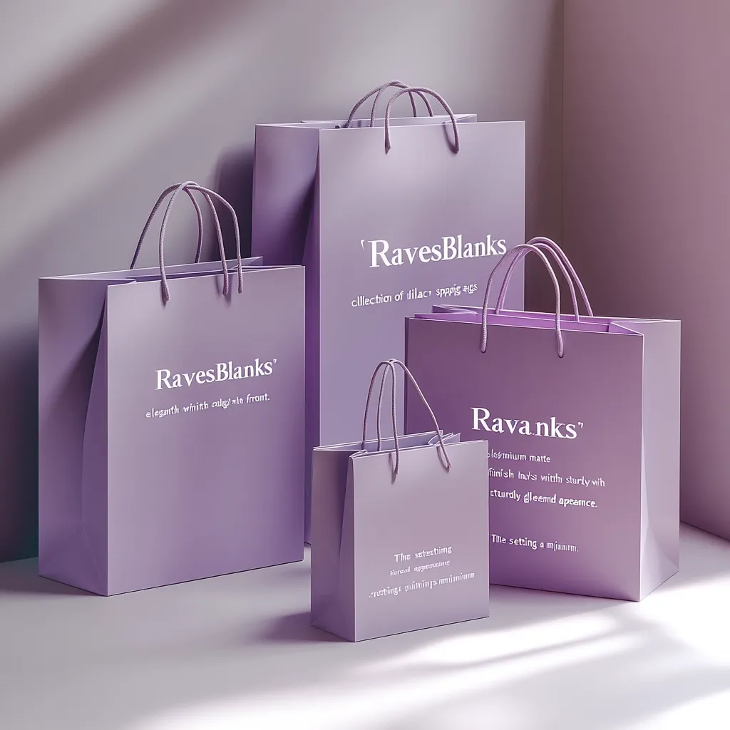 A collection of lavender-colored shopping bags displays the brand name "RavesBlanks" with varying descriptions.  The bags are of different sizes, stacked and arranged against a muted purple backdrop. The lighting emphasizes the subtle texture and color of the bags, creating a minimalist aesthetic.  Each bag features unique text describing its material and design features.
