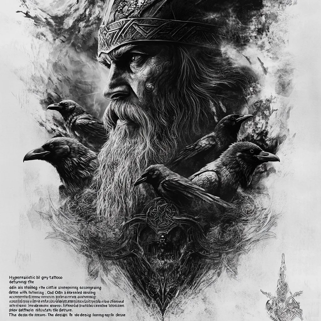 A hyperrealistic grayscale tattoo depicts Odin, the Norse god, with a long beard and crown, flanked by three ravens.  The style is dark and dramatic, emphasizing texture and detail.  Odin's gaze is intense, and the ravens appear watchful.  The overall composition suggests power, wisdom, and a connection to the mystical.