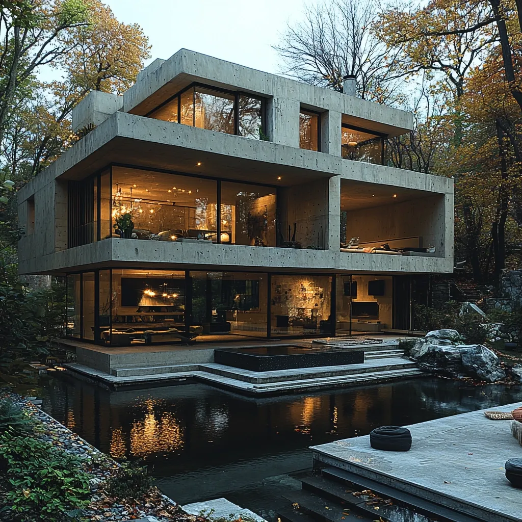 A modern concrete house, nestled in a wooded area, features expansive windows showcasing warm interior lighting.  The multi-level design includes a large open-plan living area and an infinity pool seamlessly integrated into the landscape.  The architecture emphasizes clean lines and a connection between indoor and outdoor spaces, creating a luxurious and tranquil atmosphere.  Autumn leaves add a touch of seasonal color to the scene.
